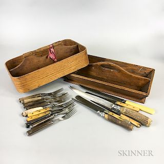 Two Oak Cutlery Trays and Sixteen Pieces of Cutlery.  Estimate $150-250