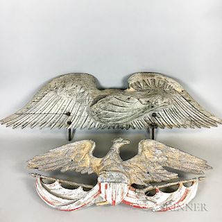 Two Cast Aluminum and Carved Pine Spreadwing Eagle Plaques
