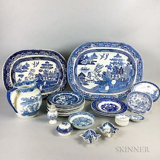 Twenty-seven Pieces of Staffordshire "Blue Willow" Transfer-decorated Tableware.  Estimate $200-250
