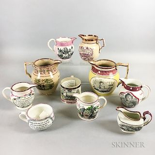 Ten Staffordshire Pink Lustre Transfer-decorated Jugs and Mugs