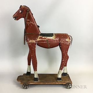 Folk Art Carved and Red-painted Horse Pull Toy