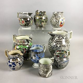 Nine Silver Resist Ceramic Jugs