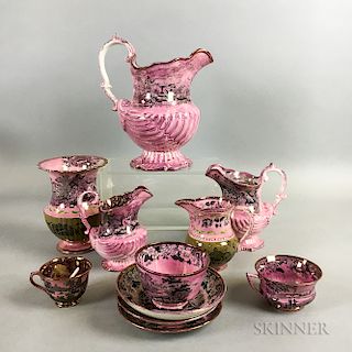 Eleven Black Transfer-decorated Pink Lustre Ceramic Items