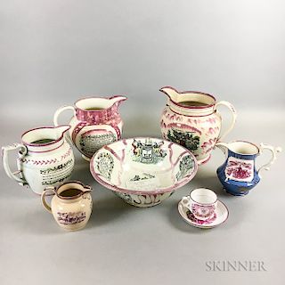 Eight Staffordshire and Sunderland Transfer-decorated Pink Lustre Items
