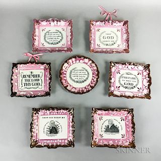 Seven Pink and Copper Lustre Religious Plaques