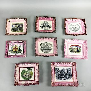 Eight Transfer-decorated Pink and Copper Lustre Plaques