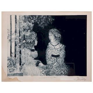 Flora Goldberg. Conversación en el jardín. Grabado al aguatinta,11/35. Firmado y fechado 1981. Enmarcado. 30 x 39 cm