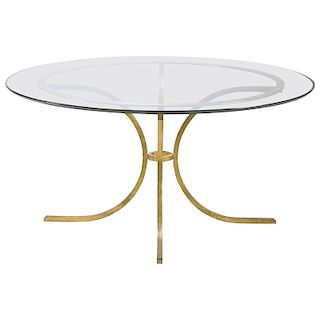 Mid Century French Robert Thibier Wrought Iron Gold Leaf Glass Dining Table 1960