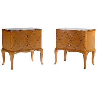 Midcentury RenŽ Prou Sycamore Brass Nightstands or End Tables, 1940s