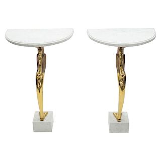Rare Hollywood Regency Pair of Brass Marble Console Tables Robert Thibier 1970s