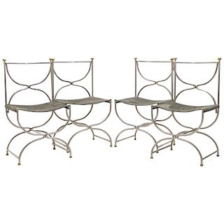Rare Set of Ten Midcentury Steel Brass Leather Chairs Maison Jansen, 1960s