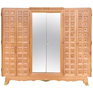 French Art Deco Wardrobe in Solid Oak and Brass, 1940s