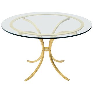 French Midcentury Roger Thibier Gilt Wrought Iron Gold Leaf Glass Dining Table
