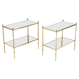 Pair of French Maison Bagues Brass Mirrored Two-Tier End Tables, 1950s