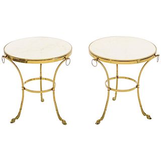 Pair of Neoclassical Maison Charles Brass Marble Gueridon Tables, 1970s