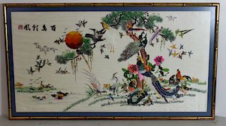 Framed Chinese Embroidery On Silk Of Exotic Birds.