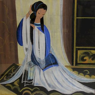 Framed Asian Gouache / Watercolor of a Girl.