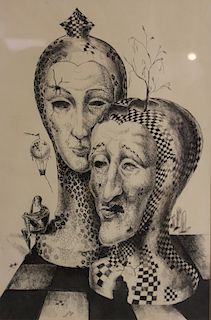 RUSSIAN?. Signed Ink Drawing Of 2 Heads.