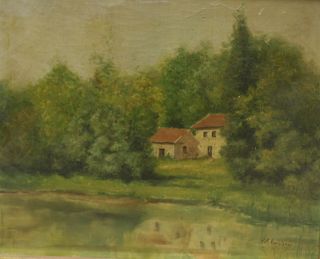 ILLEGIBLY. Signed Oil On Canvas. House In Trees.