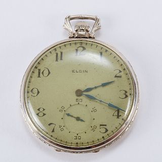 Elgin White Gold Pocket Watch w/ Keystone Case 17