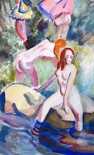 Nudes Bathing Clement Haupers Watercolor on Paper