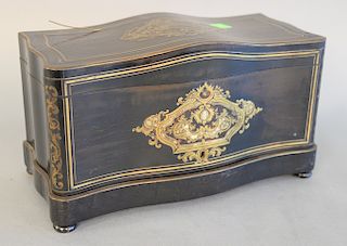 French rosewood tantalus having brass boulle and mother of pearl inlaid panels, opening to two fitted spaces for bottles.  Provenance: Estate from Par