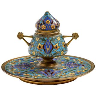 French Bronze and Champleve Enamel Inkwell Encrier by Ferdinand Barbedienne