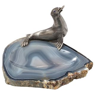 Mario Buccellati, a Rare Ashtray with Silver Seated Seal Mounted on Blue Agate
