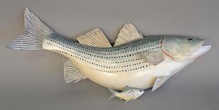 Carved fish hanging of striped bass chasing a bunker, signed Gallagher. lg. 25 1/2 in.