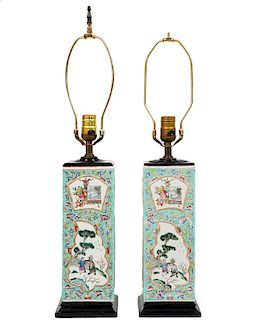 Pr. of Chinese Porcelain Square Form Table Lamps