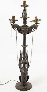 AMERICAN EGYPTIAN REVIVAL PATINATED BRONZE NEWEL POST GAS LAMP