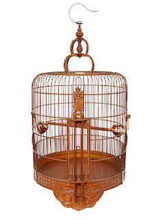 Signed Chinese Carved Bamboo Bird Cage