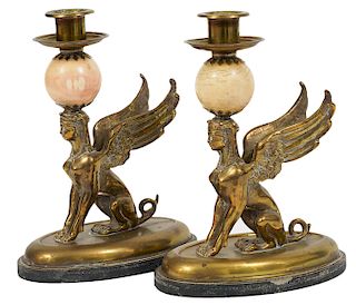 Pr. Bronze & Marble Winged Sphinx Candle Holders