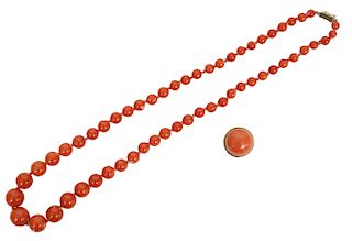 Natural Coral Beaded Necklace & Cabochon Ring