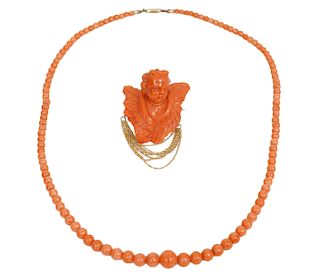 Natural Coral Bead Necklace and Coral Angel Brooch