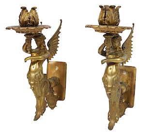 Pr. French Bronze Winged Mythical Mermaid Sconces