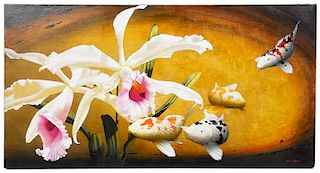 Charley Brown 'Koi/Orchids' Acrylic on Canvas