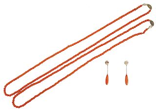 2 Natural Coral Necklaces and 1Pr Coral Earrings