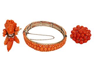 Antique Coral Beaded Bracelet, Brooch & Clasp