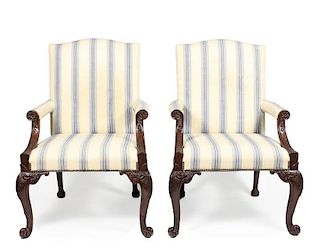 Pair of Mahogany Framed Open Armchairs, 20th C.