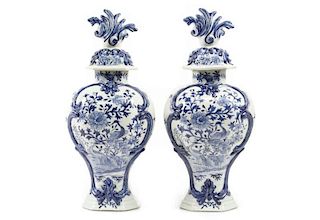 Pair of Delft Style Lidded Porcelain Urns, Marked