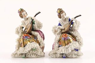 Pair of Dresden Lace Figurines, Ladies with Lutes