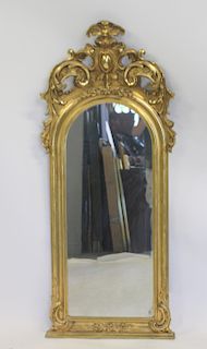 19th Century Giltwood Mirror With Carved Crown.