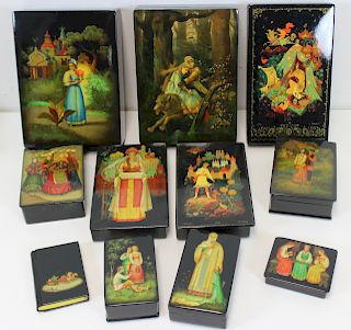 11 Vintage Russian Lacquered Boxes.