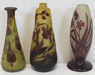 GALLE. 3 Signed Cameo Glass Cabinet Vases.