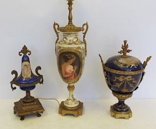 3 Antique Gilt Mounted Porcelain Urns.