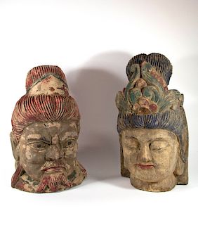 Two Polychrome and Wood Carved Chinese Heads.