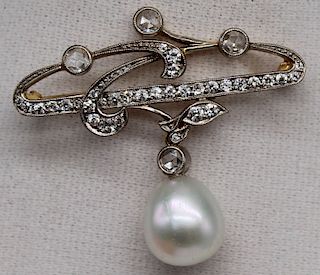 JEWELRY. Art Nouveau 18kt Gold, Diamond, and Pearl