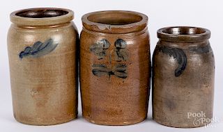 Three cobalt decorated stoneware jars
