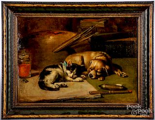 English oil on canvas dog and cat